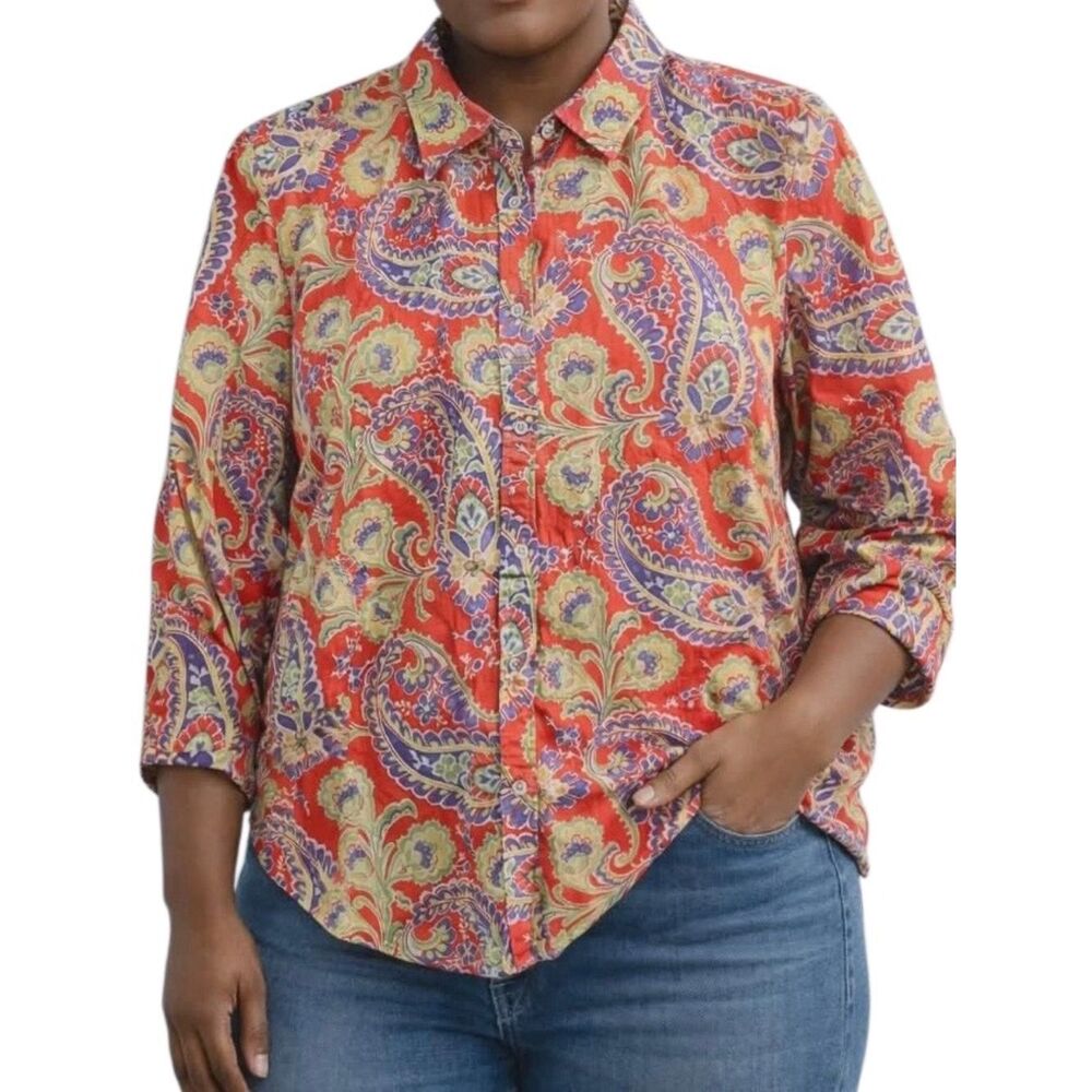 Lauren Ralph Lauren Paisley 3/4 Sleeve Button Down in Orange/Purple Women’s 2X